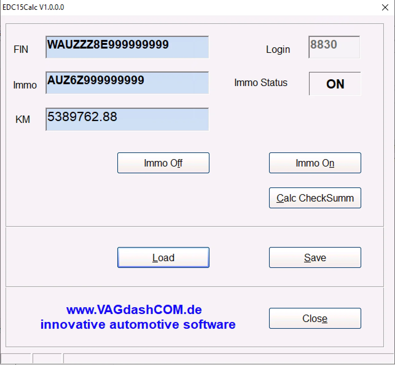 EDC15Calc v1.0.0.0 interface showing VIN Immo ID PIN and immo on off controls