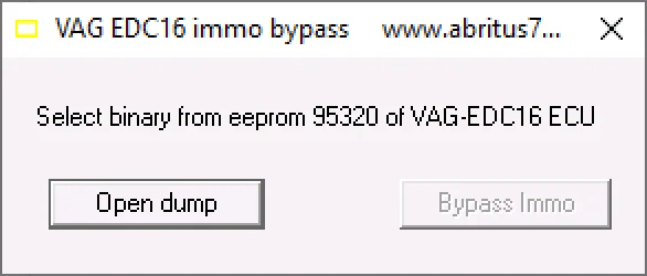 The main interface of the VAG EDC16 Immo Bypass tool, showing buttons to open an EEPROM dump and bypass the immobilizer.