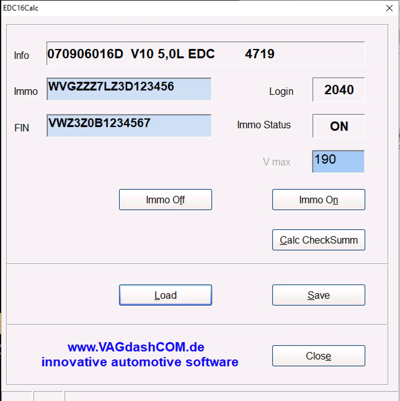EDC16Calc v1.0 interface showing VIN immo ID PIN Vmax and immo on off controls
