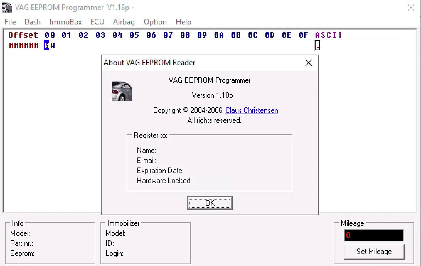 The About window for VAG EEPROM Programmer v1.18p, showing the version number and copyright by Claus Christensen.