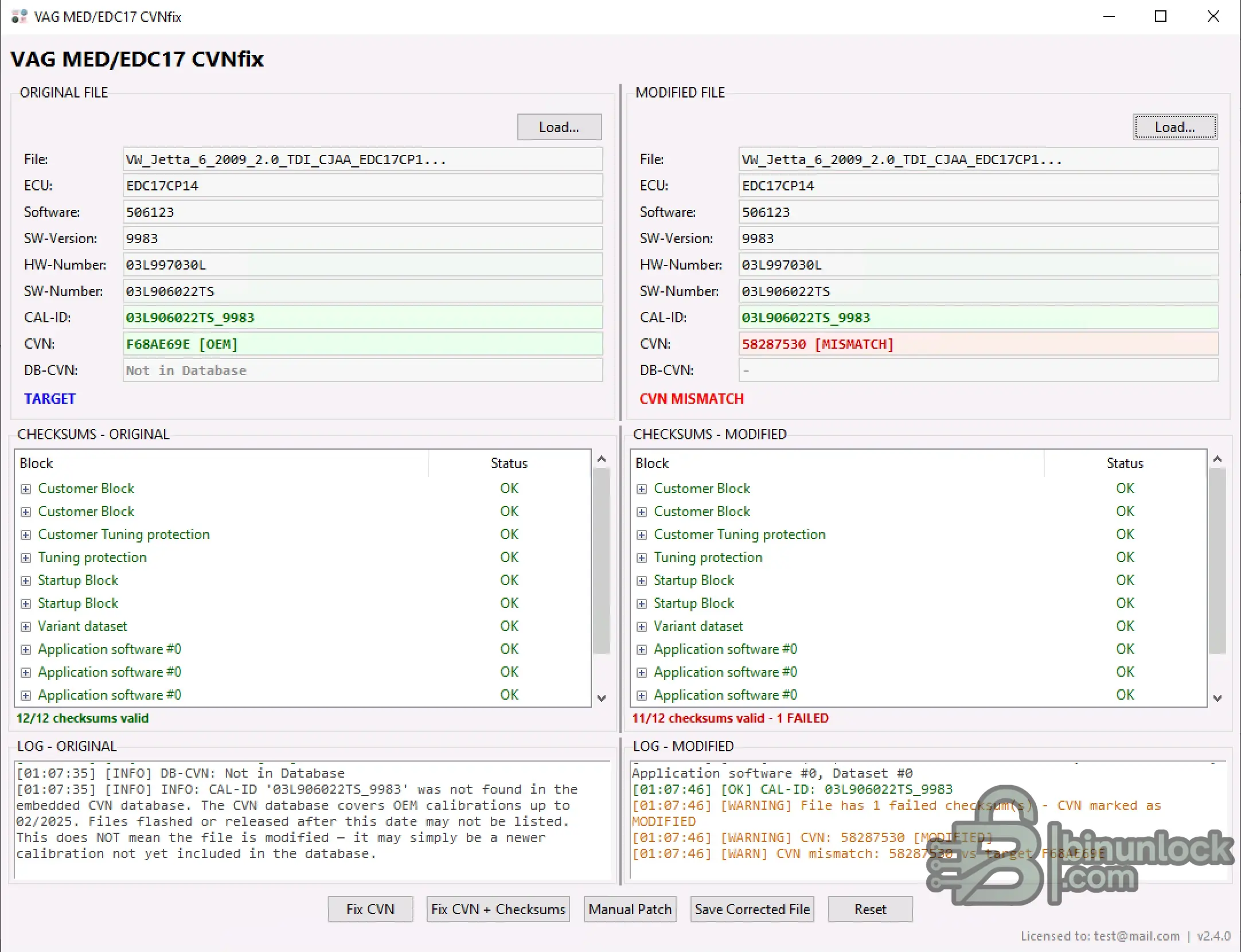 VAG MED EDC17 CVNfix 2.4.0 comparing original and modified ECU files, detecting a CVN mismatch and validating checksum blocks
