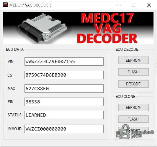 VAG MEDC17 decoder displaying VIN, component security, MAC, PIN, immobilizer status and IMMO ID with EEPROM, flash and clone controls