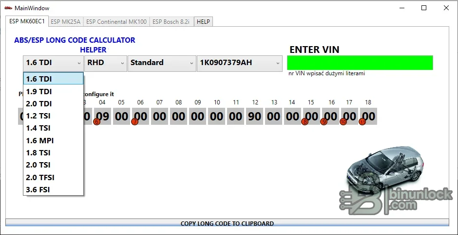 VAG MK60EC1 ABS and ESP long-coding calculator with engine, steering, vehicle configuration, VIN and coding-byte fields