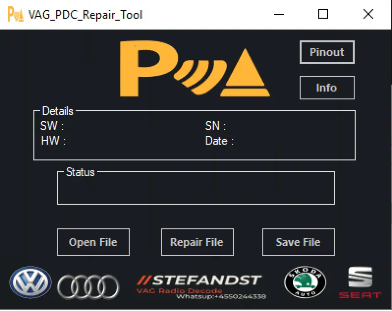 VAG PDC EEPROM Repair tool interface with open save and one-click repair functions for parking aid modules