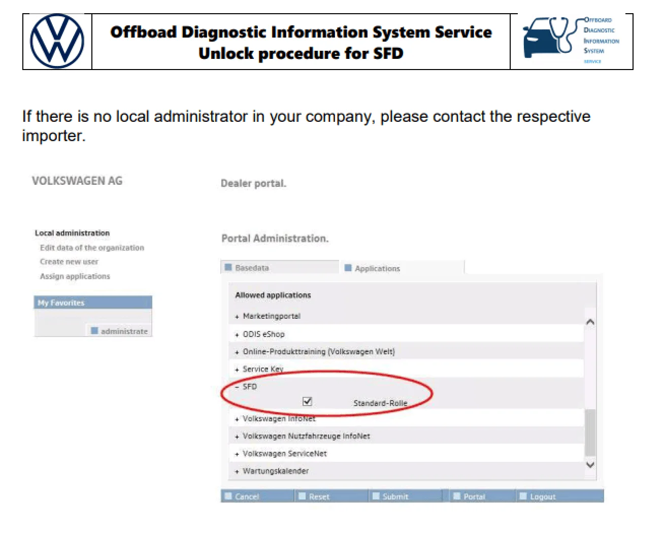 VAG ODIS Service SFD unlock procedure with Dealer Portal role assignment and token activation workflow