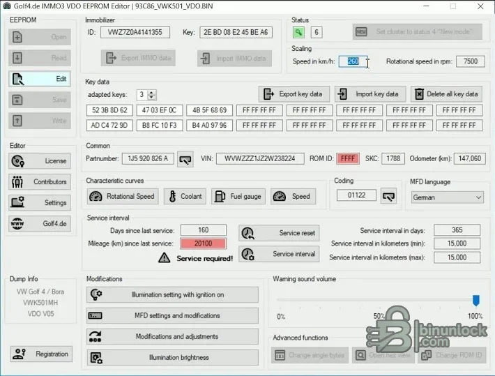VAG VDO dashboard EEPROM editor showing immobilizer data, keys, VIN, SKC, odometer, coding and service settings