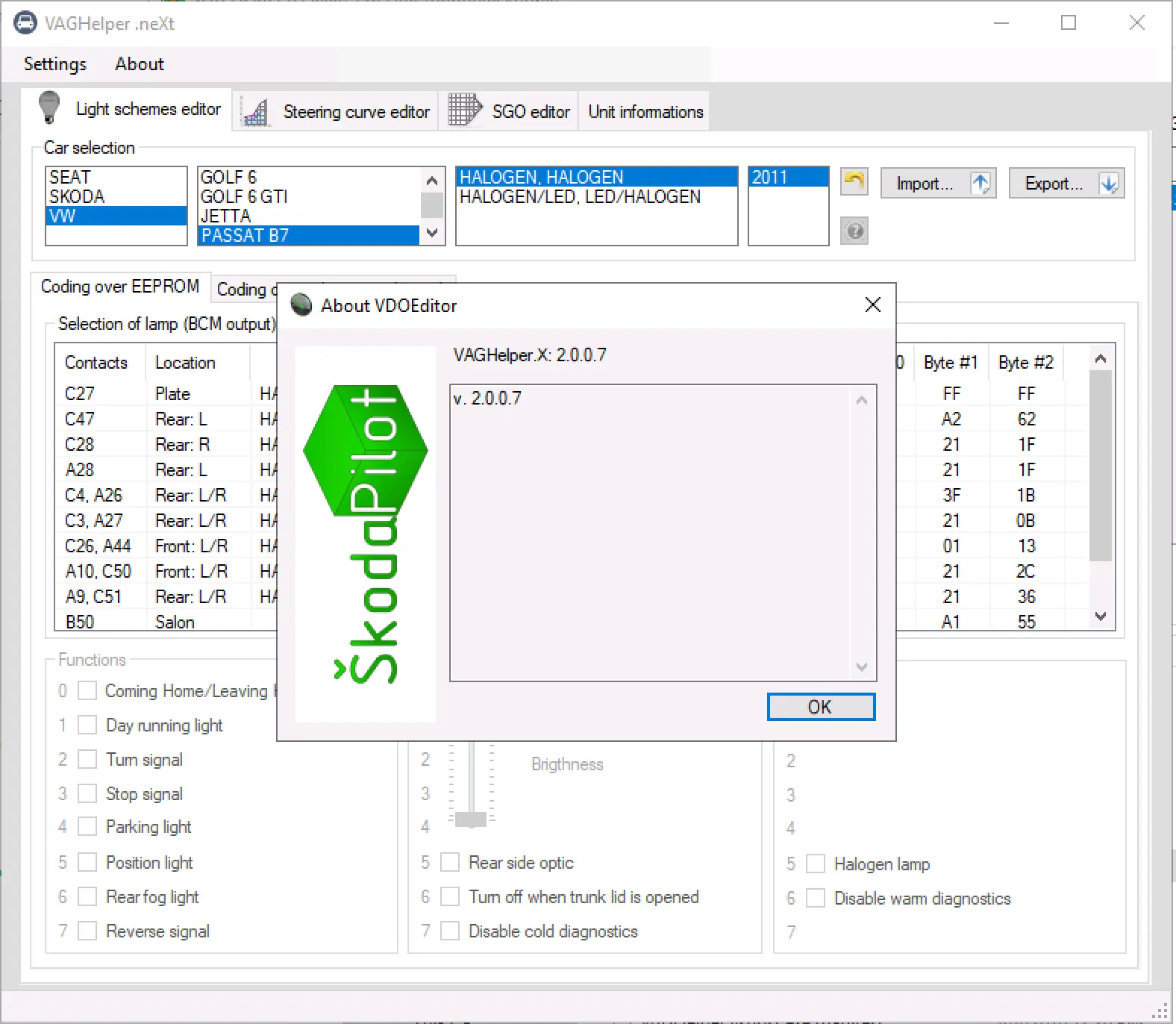 VAGHelper neXt v2.0.0.7 about window with version info and SkodaPilot branding for BCM tools.