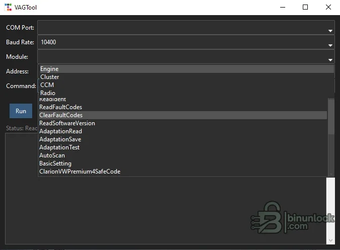 VAGTool interface with COM port, baud rate, module address and KWP1281 command selection