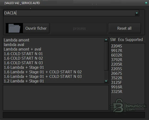 Valeo ECU file utility showing Dacia selection, lambda sensor, cold-start and stage operations with supported software identifiers