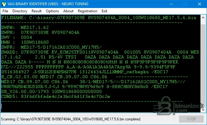 VBID scanning a VAG MED17 binary and displaying software, hardware, calibration and checksum data