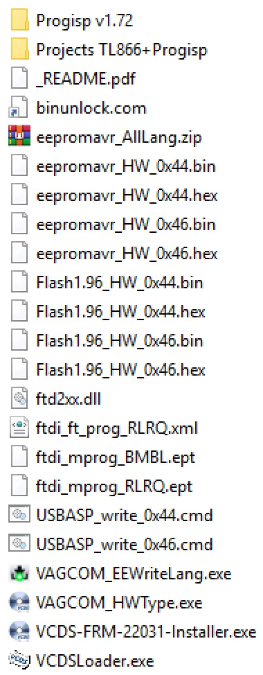 VCDS 22.3.1 HEX-V2 service kit files including EEPROM FLASH FTDI templates and programmer tools