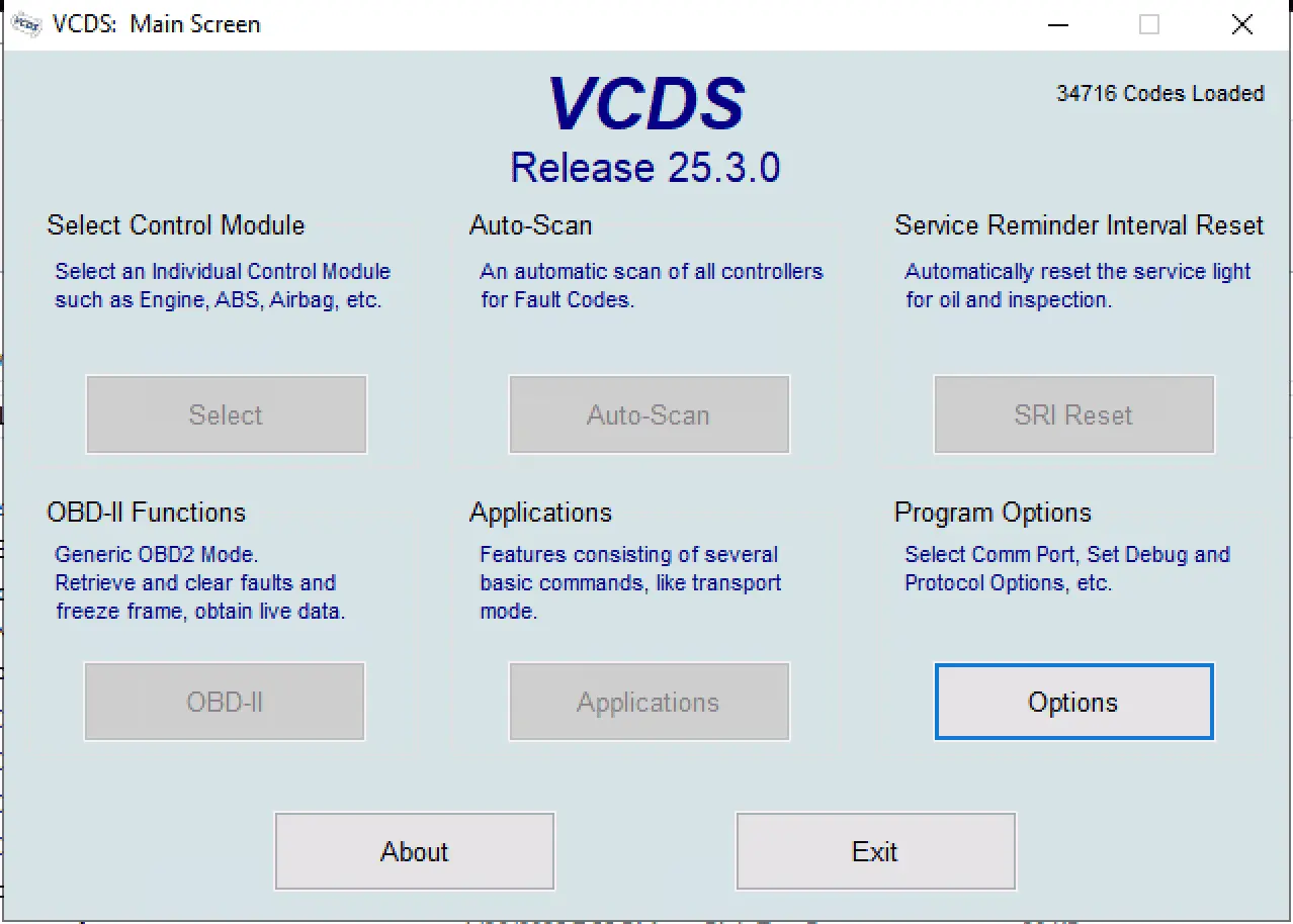 The main screen of VCDS Release 25.3.0, showing the primary functions including Select Control Module, Auto-Scan, SRI Reset, OBD-II Functions, and Program Options.