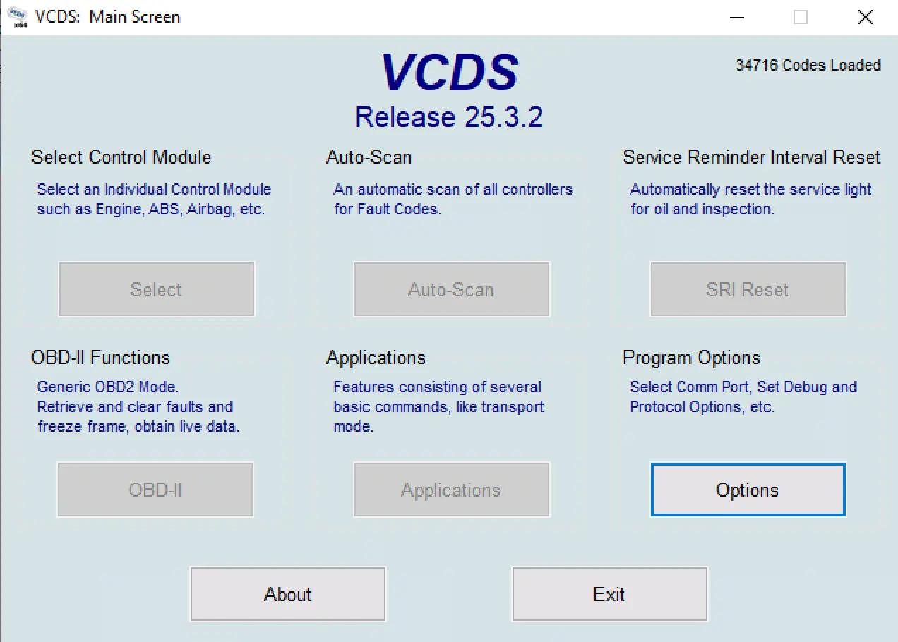 VCDS 25.3.2 home screen with Auto-Scan OBD-II SRI and Options panels visible.