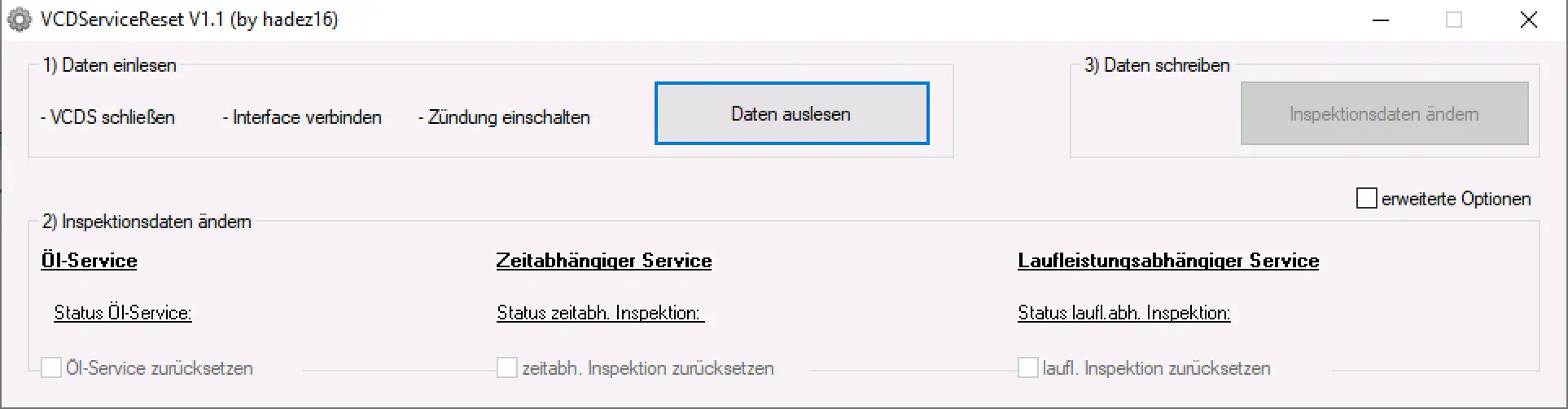 VCDServiceReset v1.1 screen for UDS oil service and inspection interval reset using a VCDS diagnostic interface.
