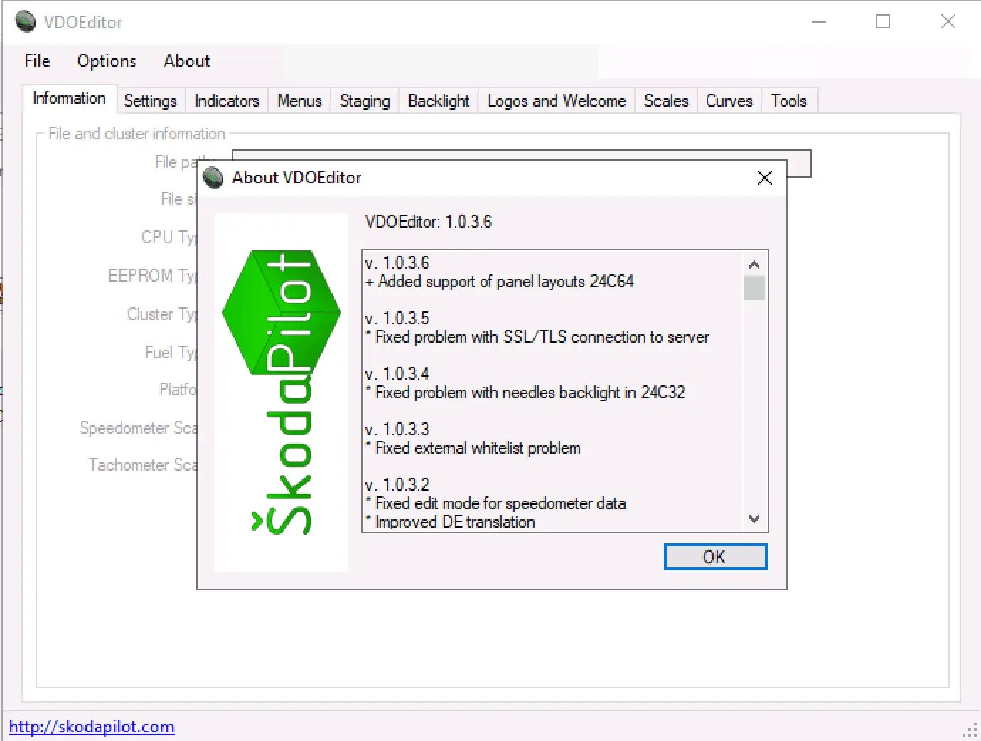 VDOEditor v1.0.3.6 About dialog with changelog notes and version information