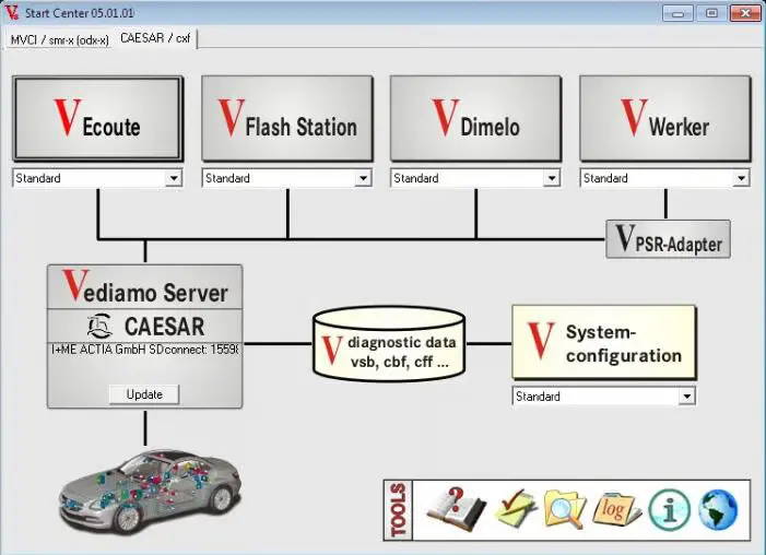 Vediamo Connection Tool v5.01.01 update screen with QuickTest and DIAGCON notes