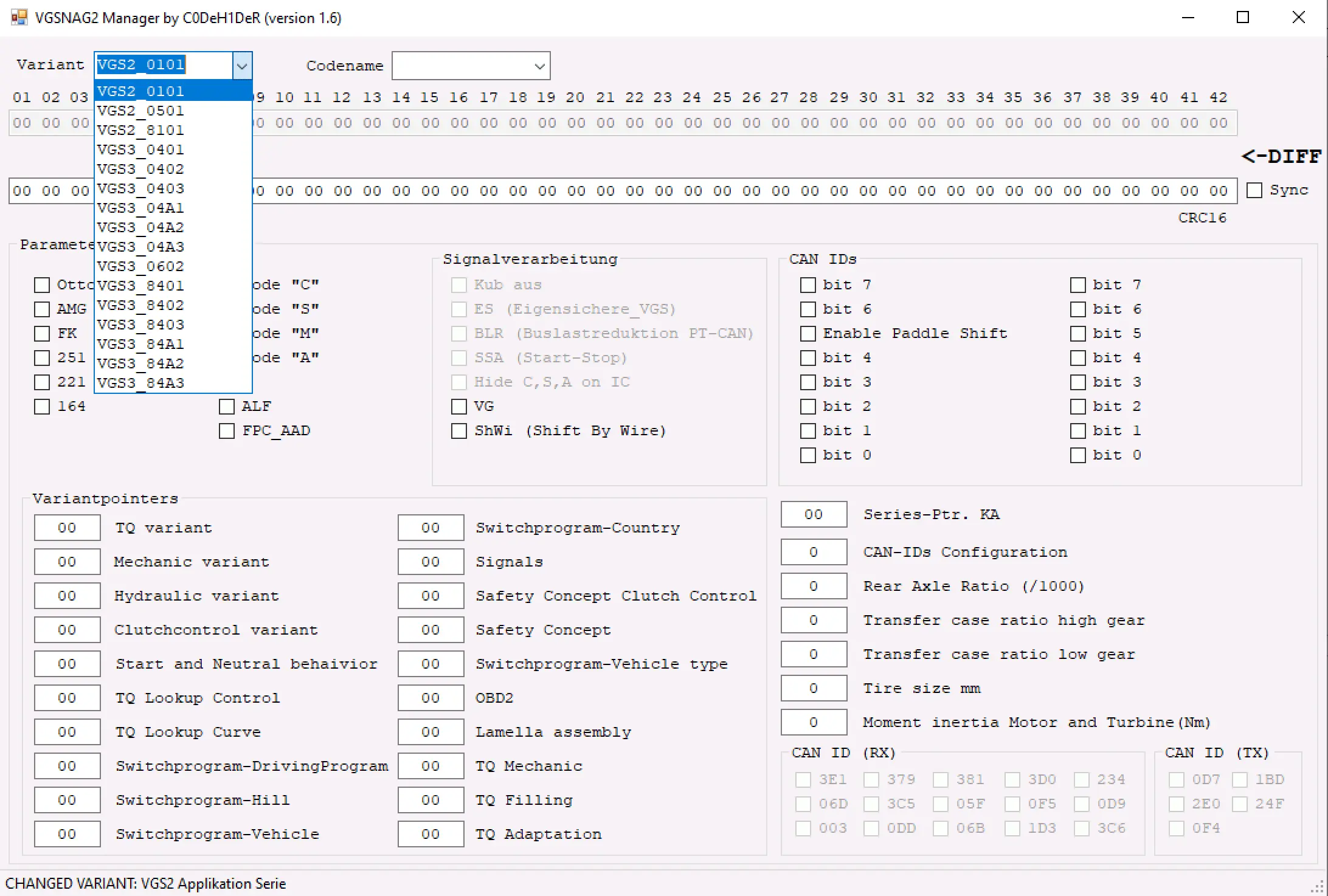 The main interface of VGSNAG2 Manager v1.6, showing the variant selection dropdown for Mercedes 7G-Tronic TCUs and various coding parameters.