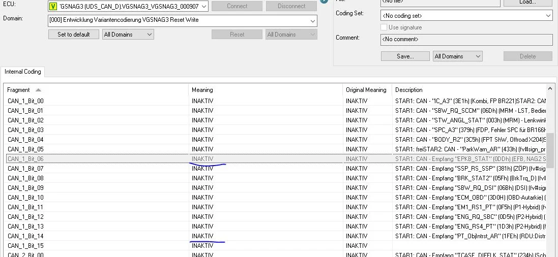 Variant coding screen in Mercedes engineering software for a VGSNAG3 (9G-Tronic) TCU, showing the CAN_1_Bit_06 and CAN_1_Bit_14 parameters used to fix the U012100 error.