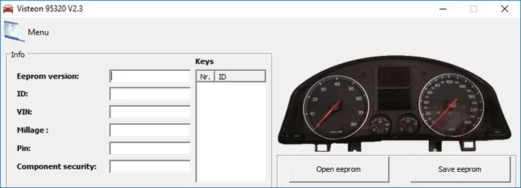 The main interface of the Visteon 95320 EEPROM Tool v2.3, showing fields for VIN, mileage, and PIN, and a picture of a VW instrument cluster.