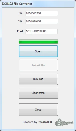 Visteon DCU10x file converter showing hardware, software and Ford identifiers with Galletto, K-Tag and IMMO controls
