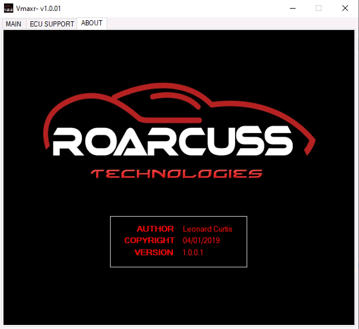 VMAXR v1.0.0.1 About screen showing the Roarcuss Technologies branding and software version details.