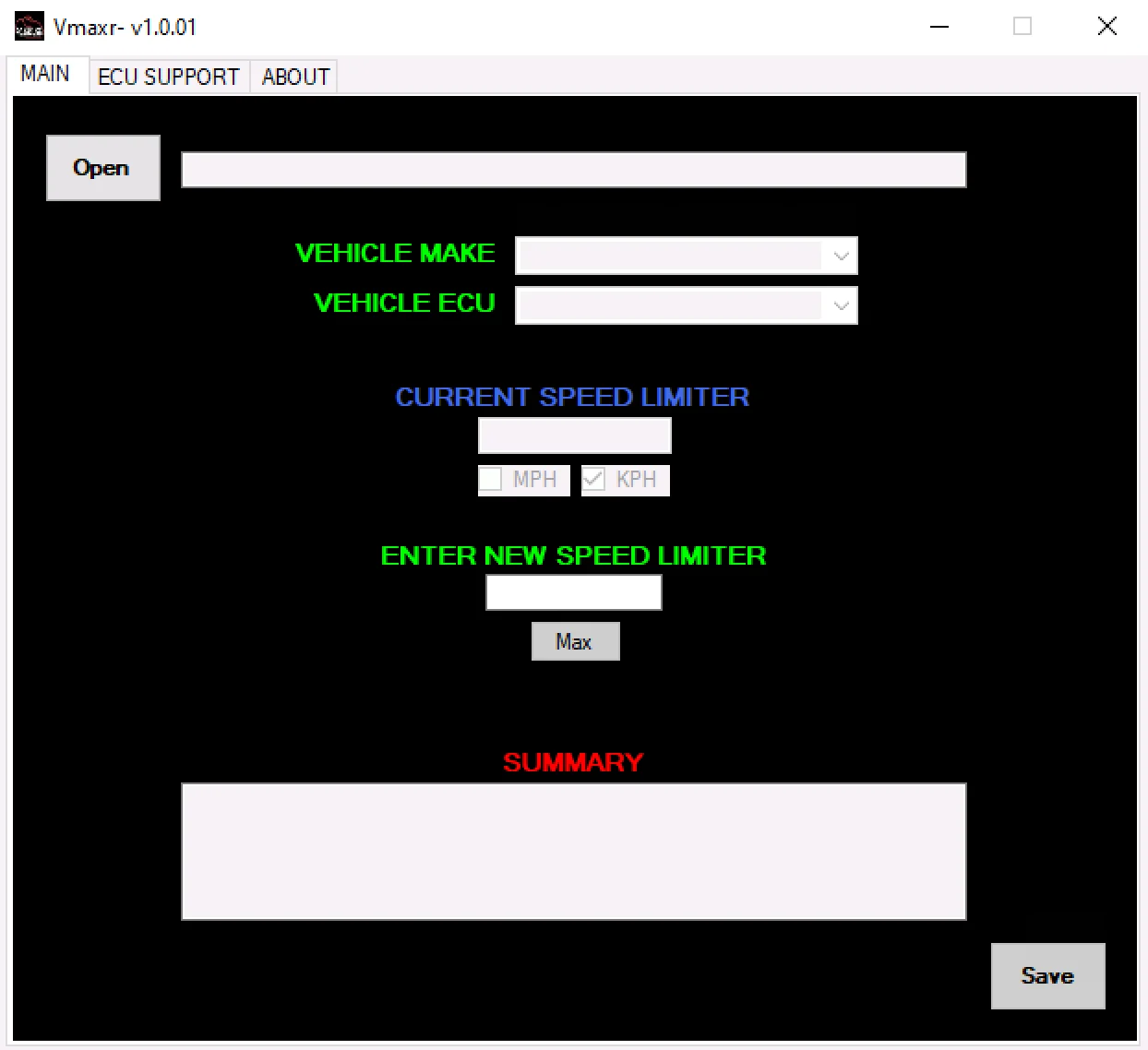 VMAXR v1.0.0.1 main screen for selecting ECU and editing speed limiter values in MPH or KPH.