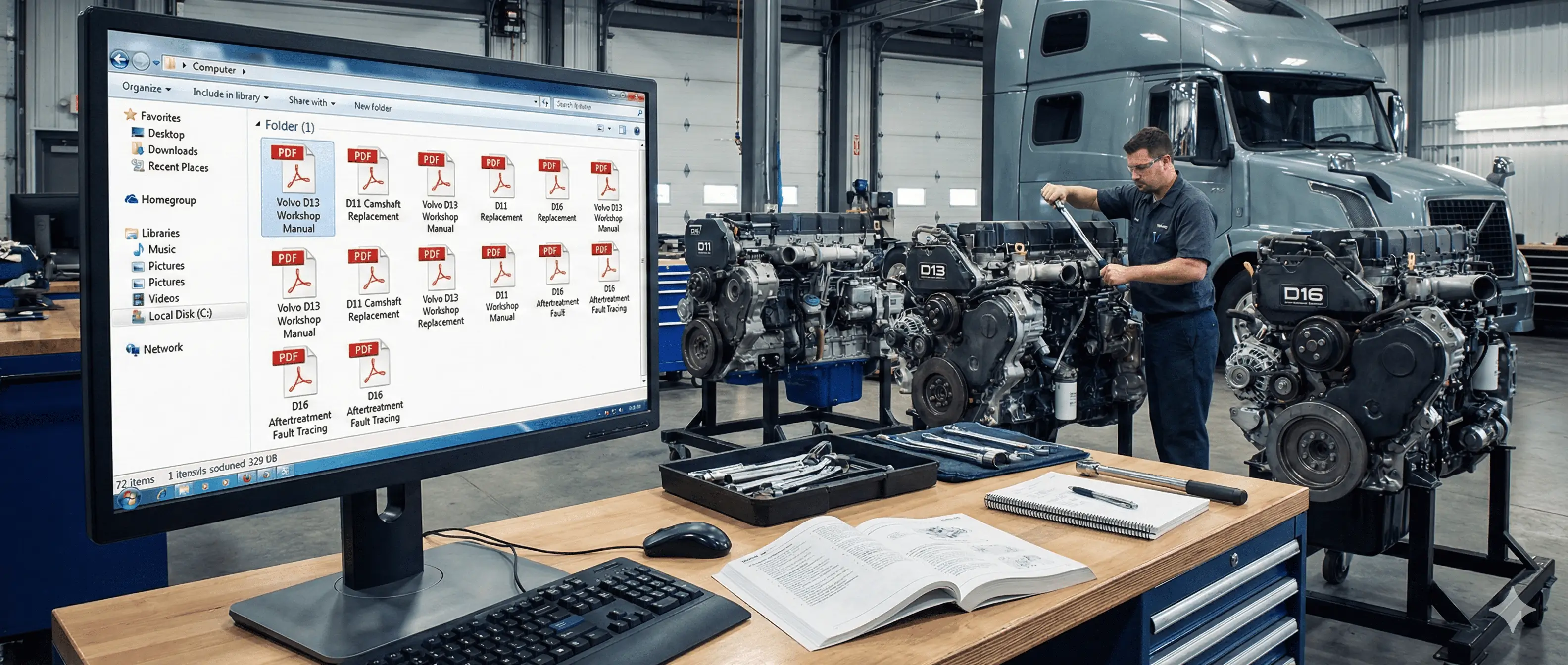 Mechanic in Volvo workshop working on D11 D13 D16 engines with digital service repair manuals open on the computer.