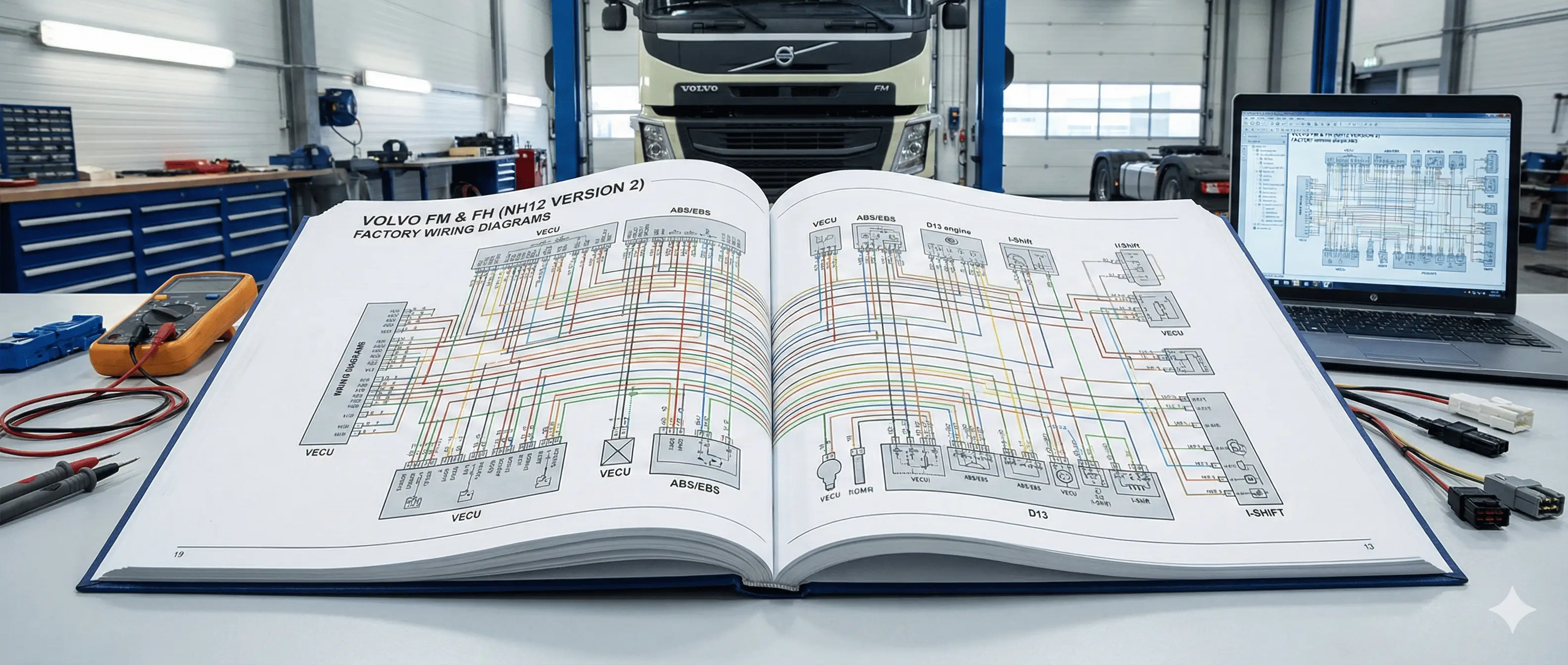 Factory wiring diagrams for Volvo FM and FH NH12 Version 2 trucks covering VECU, ABS EBS, engine D9 D12 D13 D16 and I-Shift Powertronic systems.