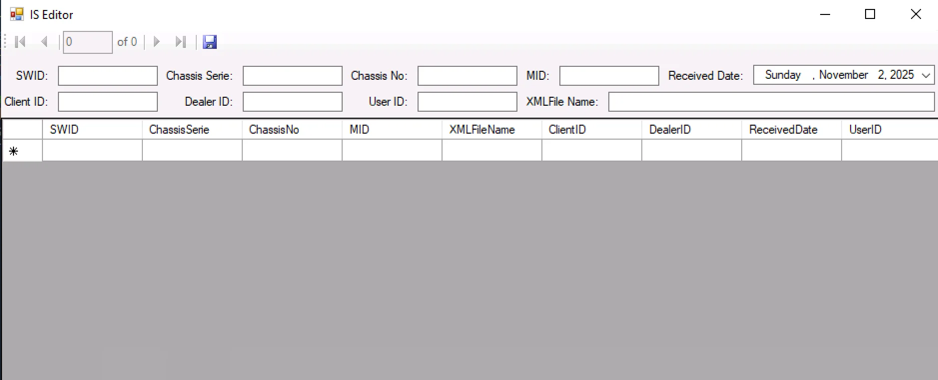 Volvo ISEditor main window with SWID, chassis series, VIN and dealer fields in grid view