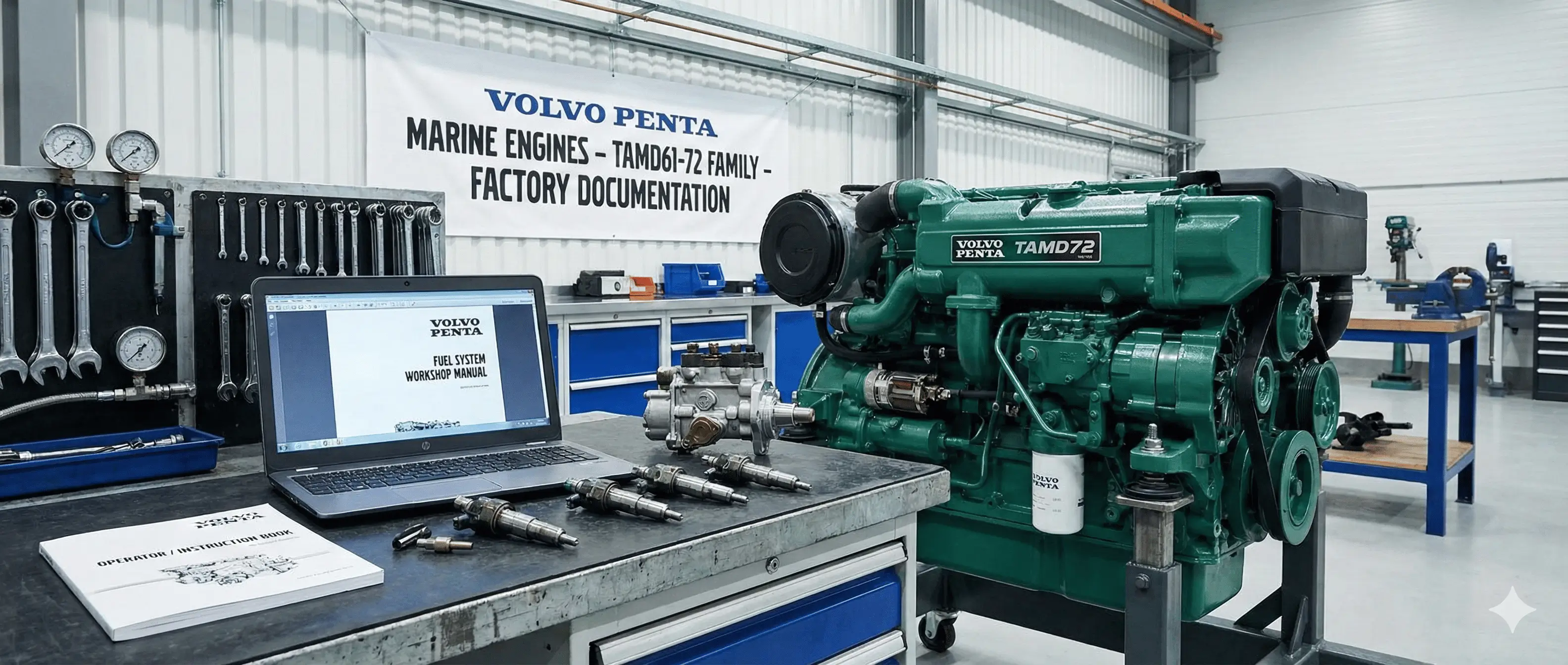 Fuel system workshop manual for Volvo Penta TAMD61–TAMD72 marine diesel engines with injection pump and injector service data.
