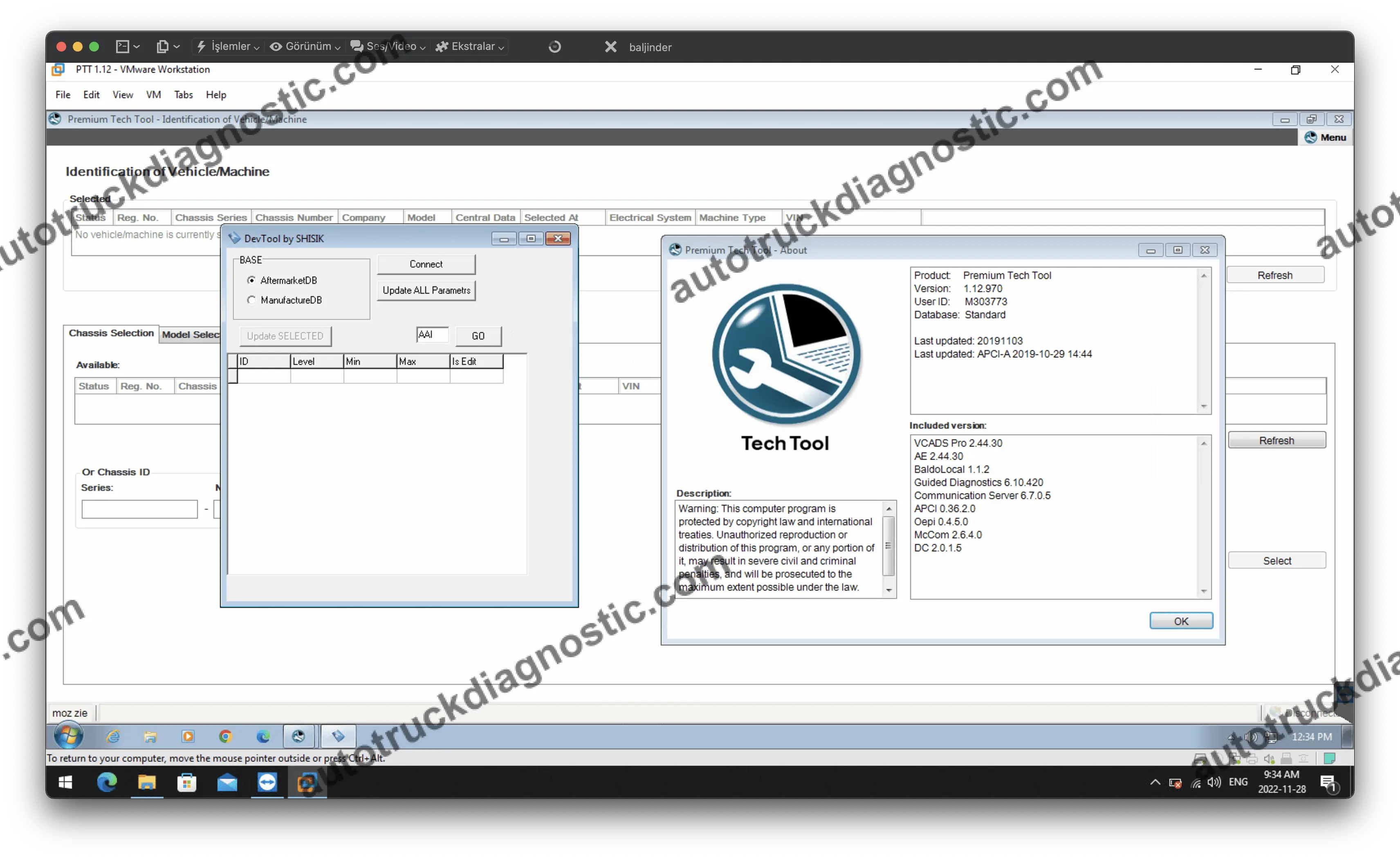 PTT v1.12.970 about screen on VMware with vehicle identification panel and VCI session details