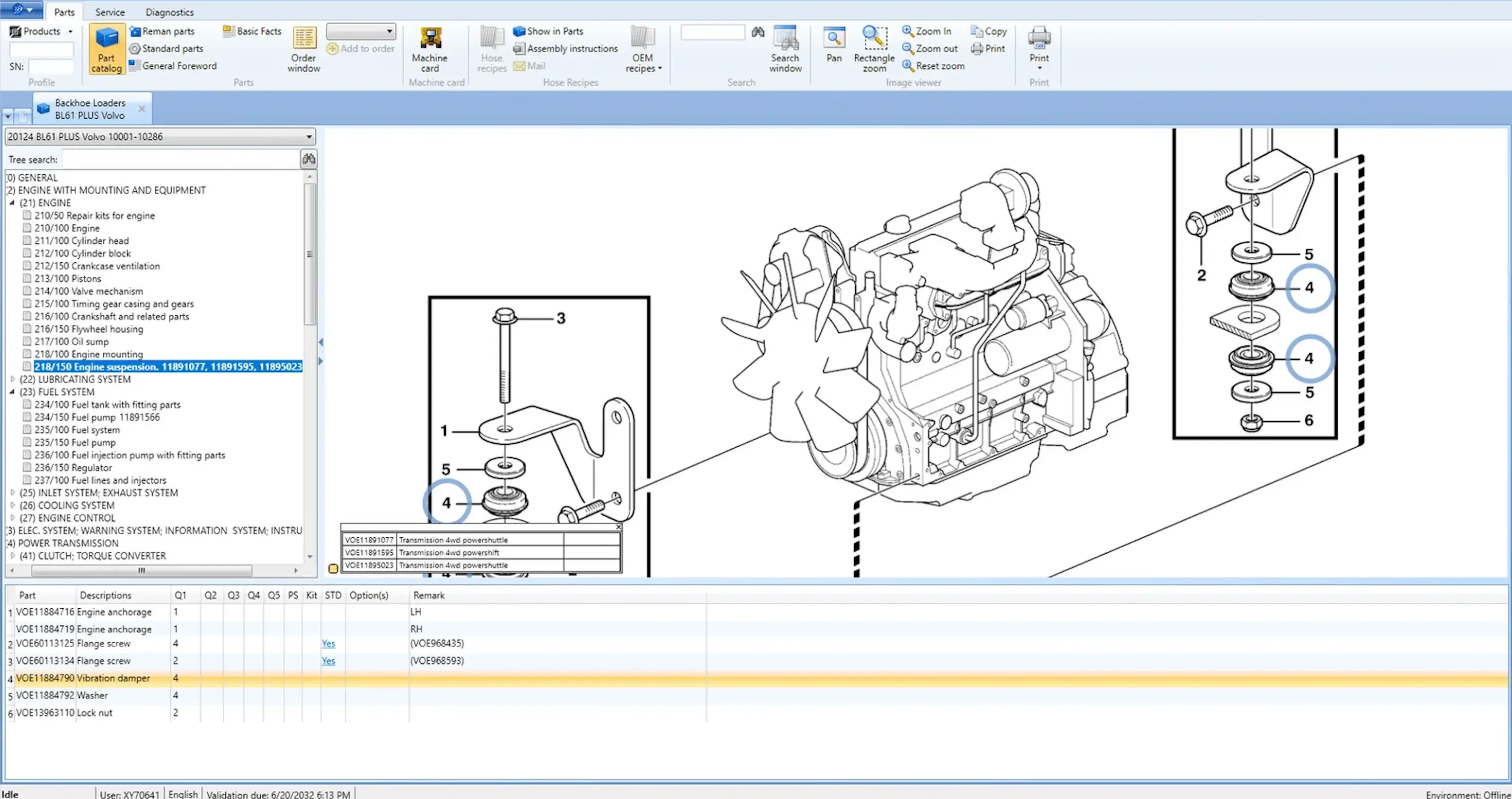 PROSIS v4.6.9.0 engine mount diagram with parts table and BOM links for quick selection