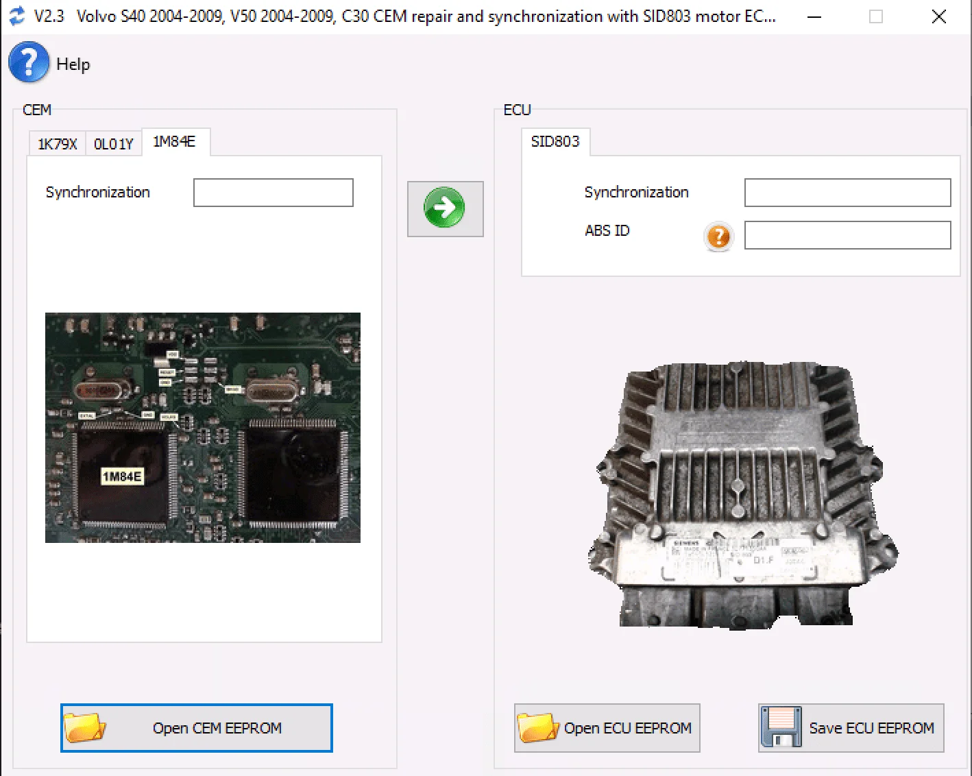 The main interface of the Volvo CEM & SID803 Synchronization Utility, showing panels for loading CEM and SID803 EEPROM files and a field for the ABS ID.