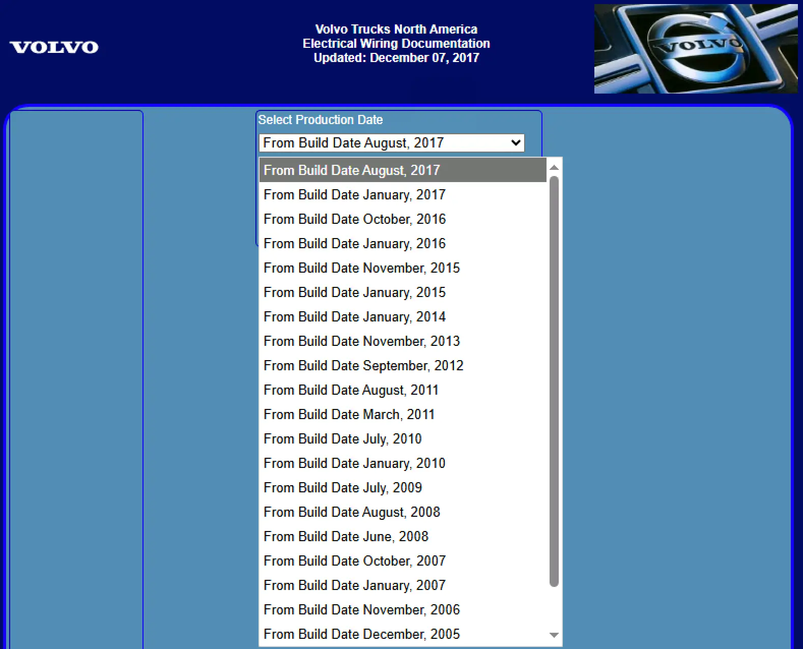Volvo truck electrical wiring documentation viewer showing the production date dropdown for 2018 wiring diagrams.