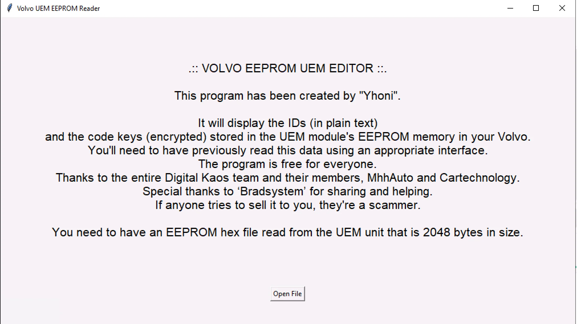The main interface of the Volvo UEM EEPROM Reader tool, explaining its function to display IDs and key codes from a 2048-byte EEPROM file.