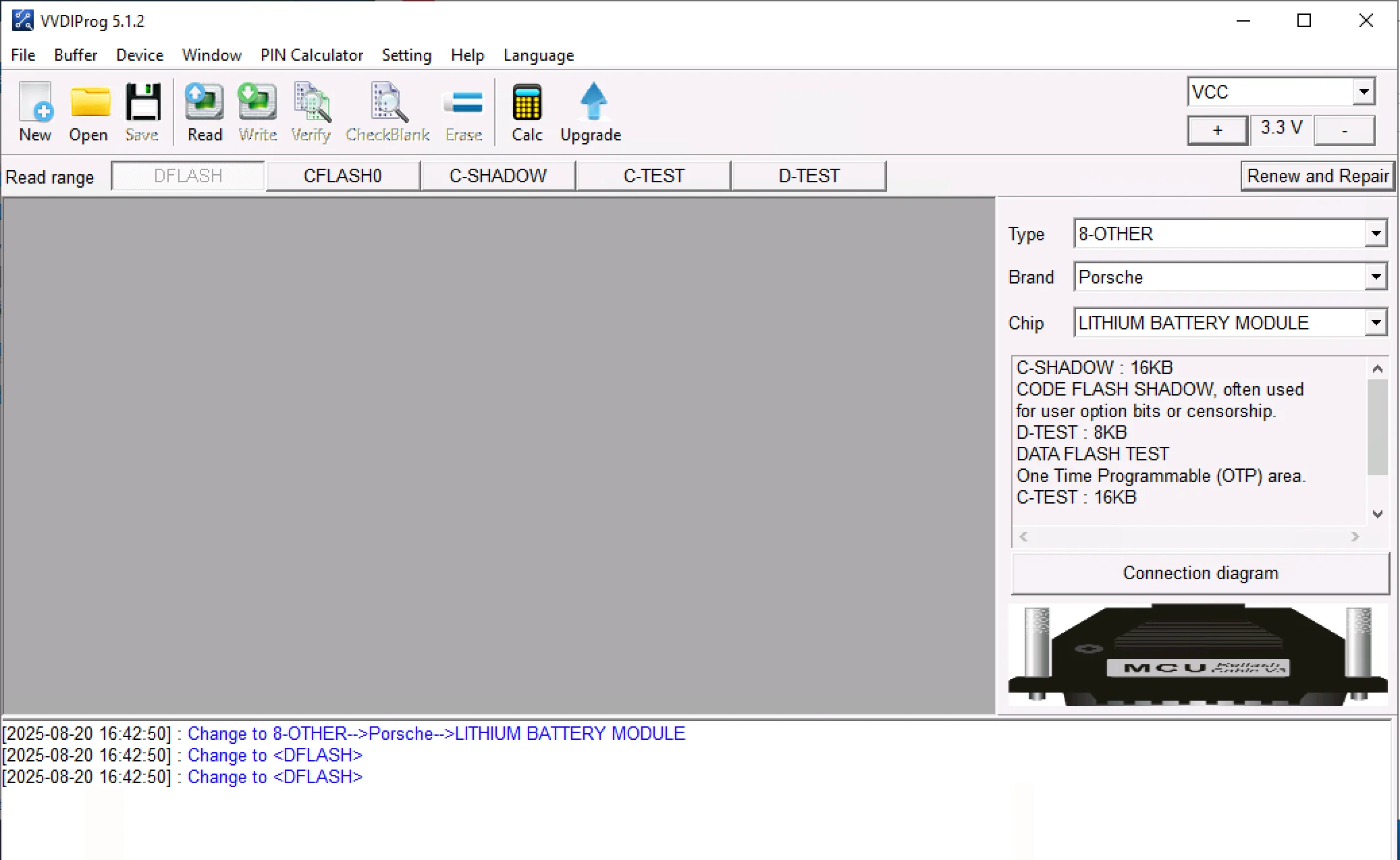 The main interface of VVDIProg v5.2.1 showing the read/write functions being used on a Porsche lithium battery module.