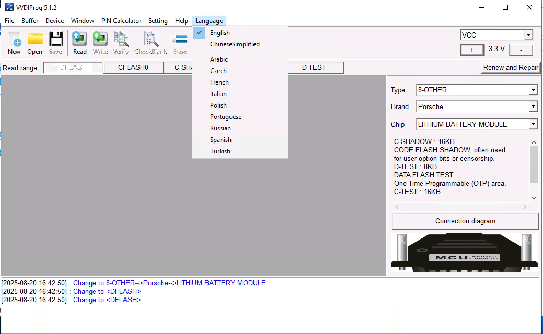 VVDIProg software displaying its extensive multi-language support menu, including options like English, Spanish, French, and Turkish.