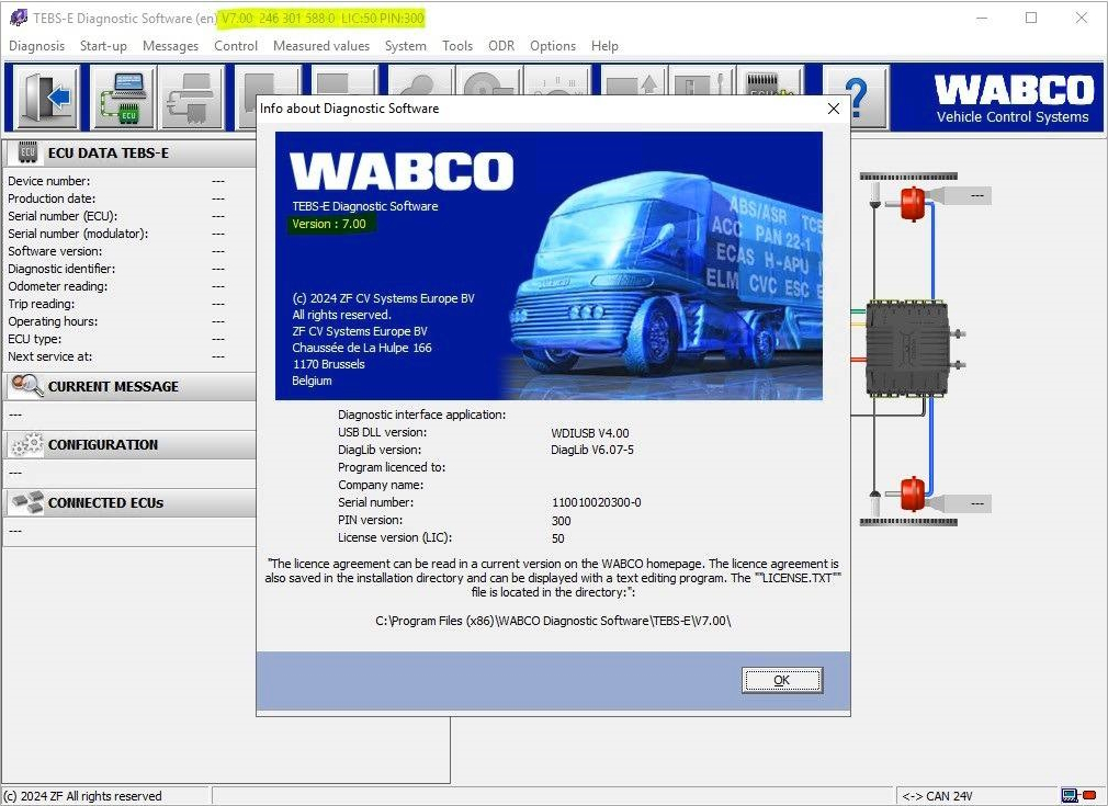 TEBS-E v7.00 about screen with license info and WD-USB interface details