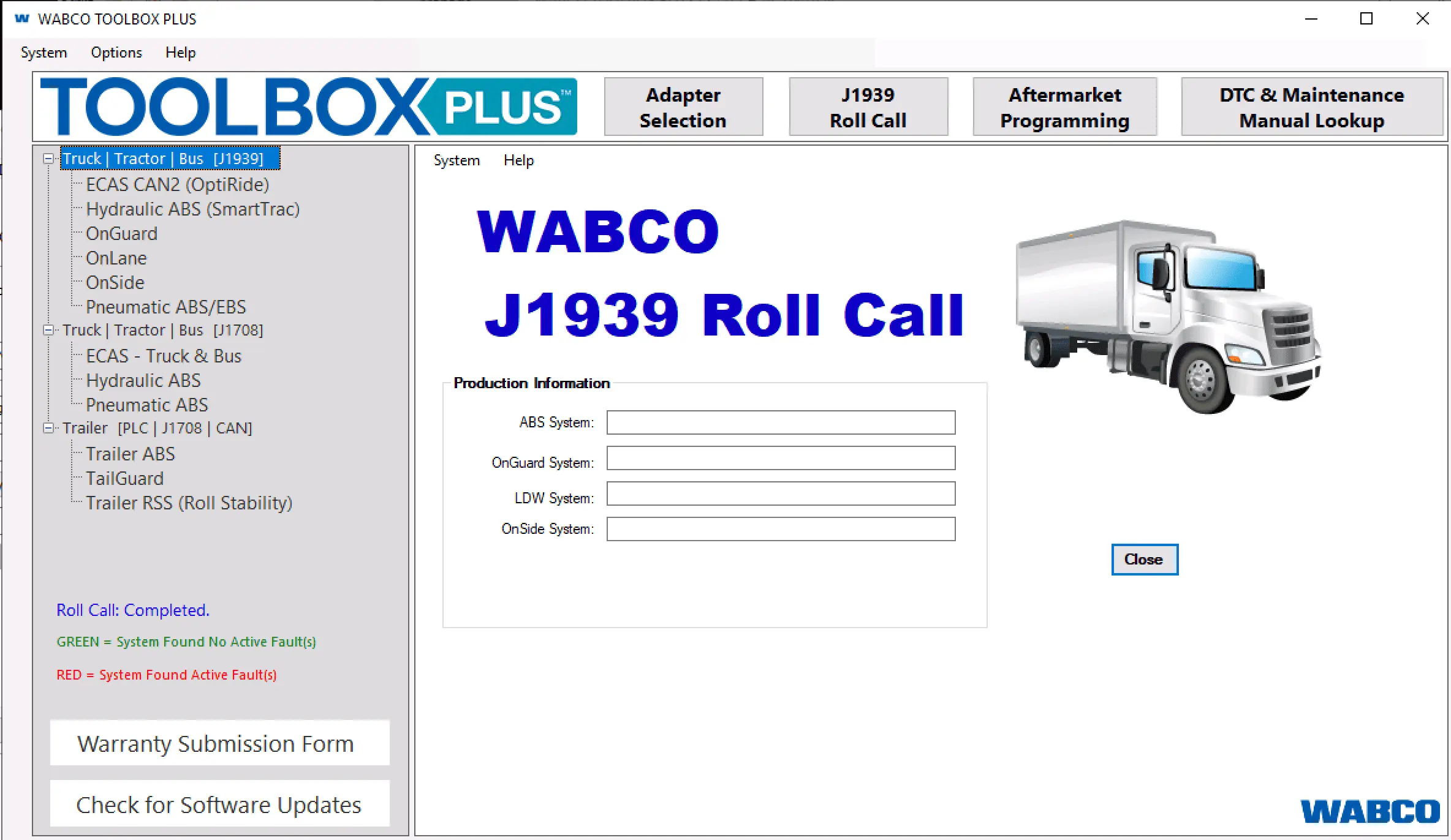 WABCO TOOLBOX PLUS 13.7.0.1 main screen with J1939 Roll Call and system tree