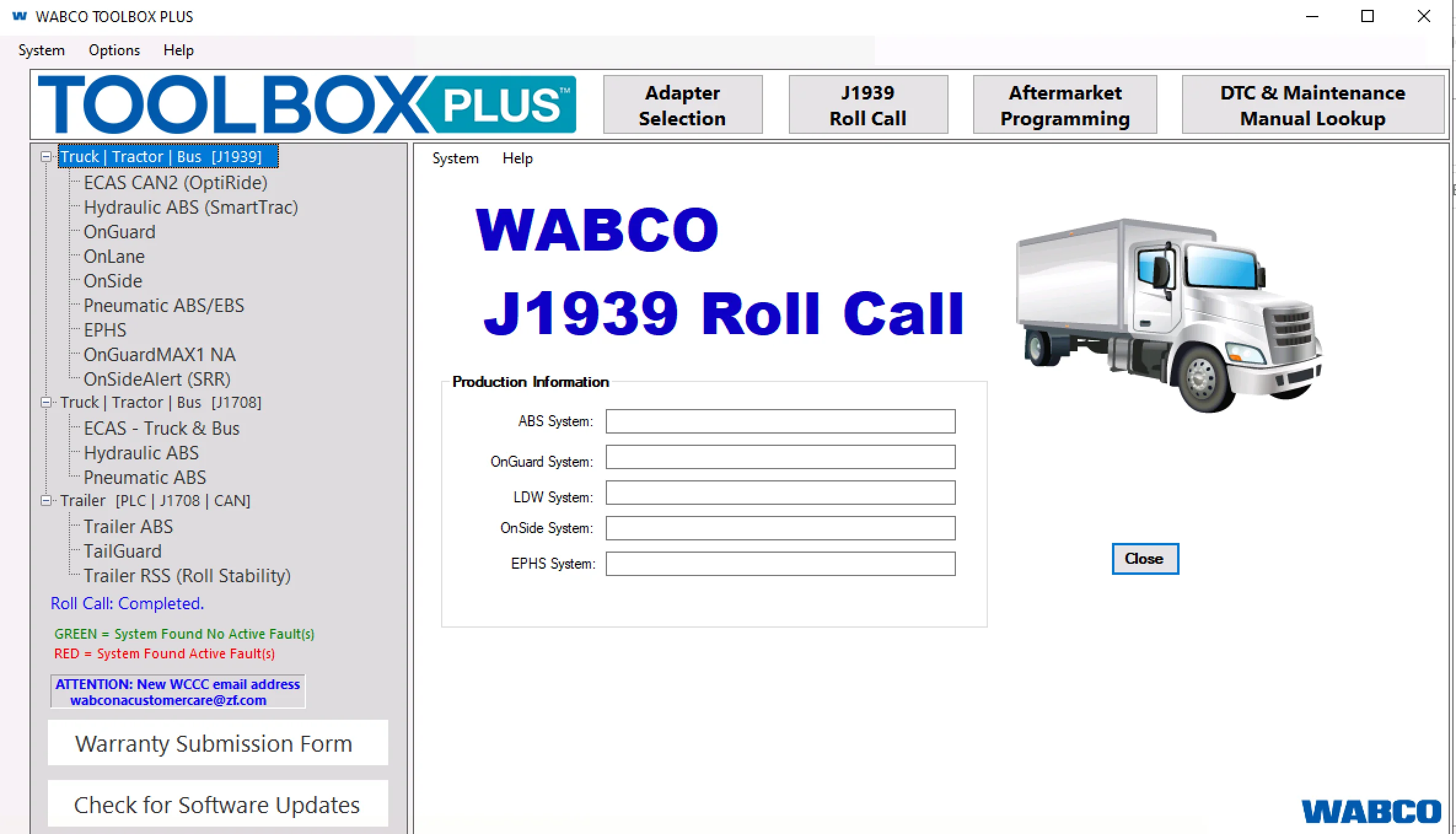 WABCO TOOLBOX PLUS 14.0.2 J1939 Roll Call screen showing truck tractor bus and trailer ABS EBS ECAS EPHS OnGuard OnLane OnSide and Trailer RSS diagnostic menu