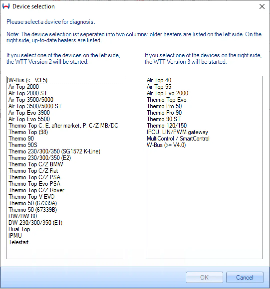 Webasto Thermo Test v2.16.1 device selection screen listing classic and modern W-Bus heaters.