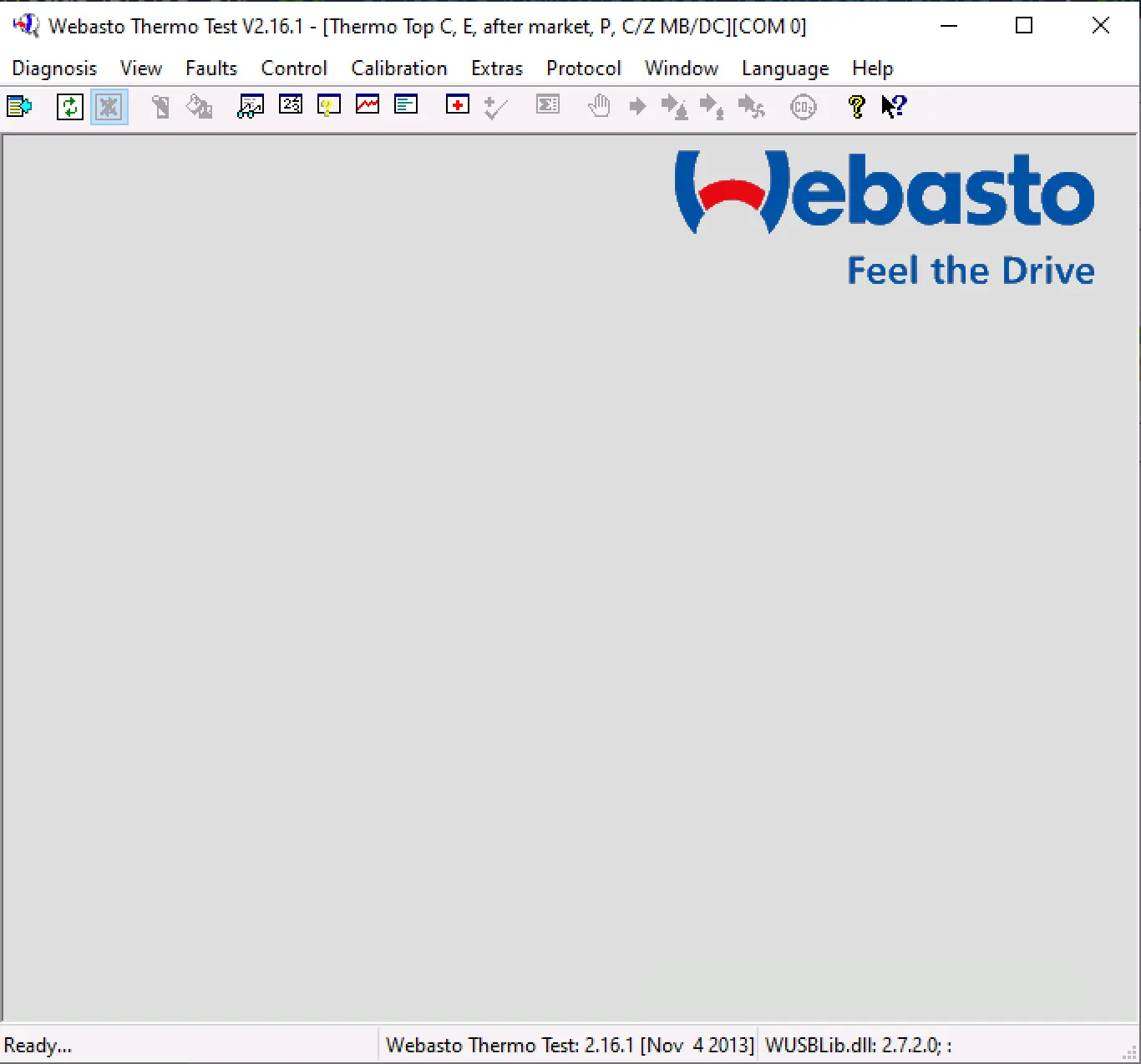 Webasto Thermo Test v2.16.1 main window ready for diagnostics of Webasto parking and auxiliary heaters.