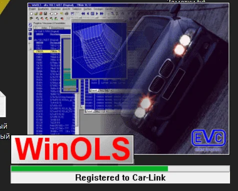 The splash screen for WinOLS by EVC, with the software's main interface in the background showing 2D and 3D ECU map views.