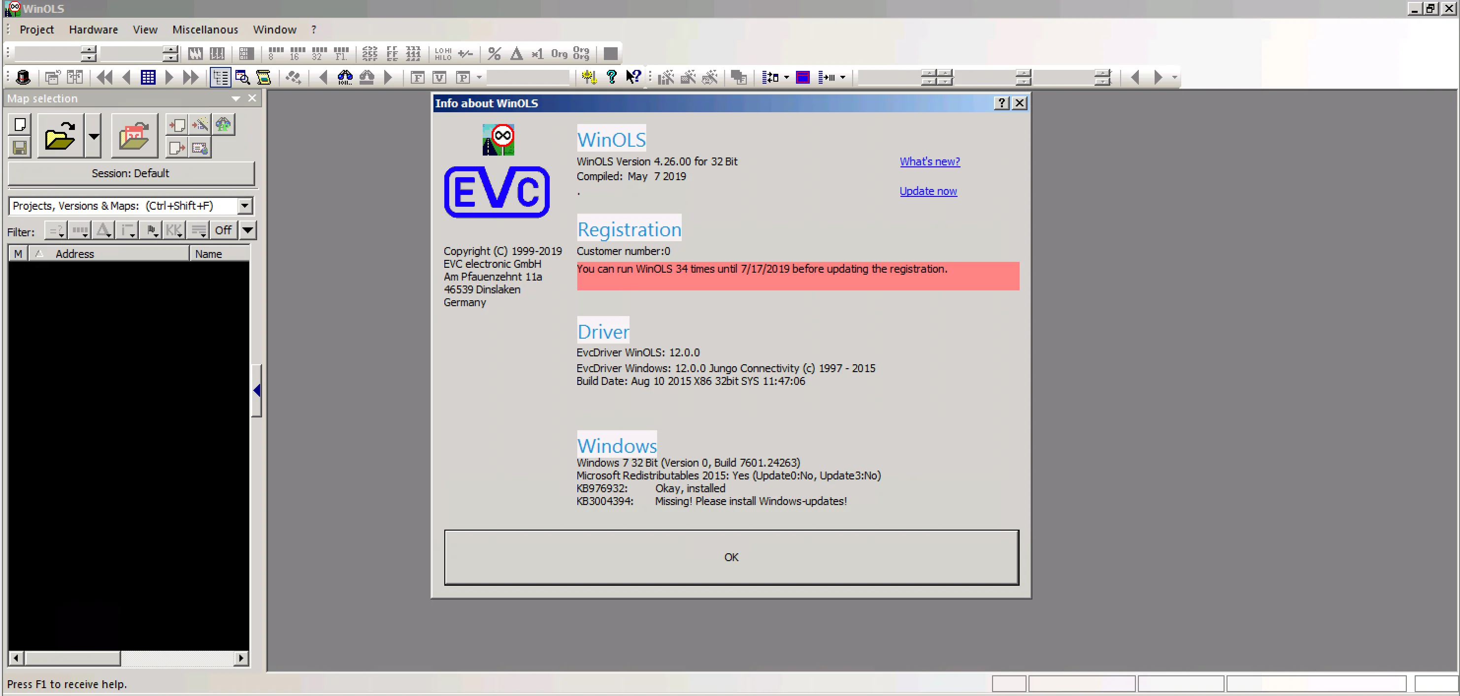 The About window for the WinOLS 4.26, showing the cracked registration status within the VMWare environment.