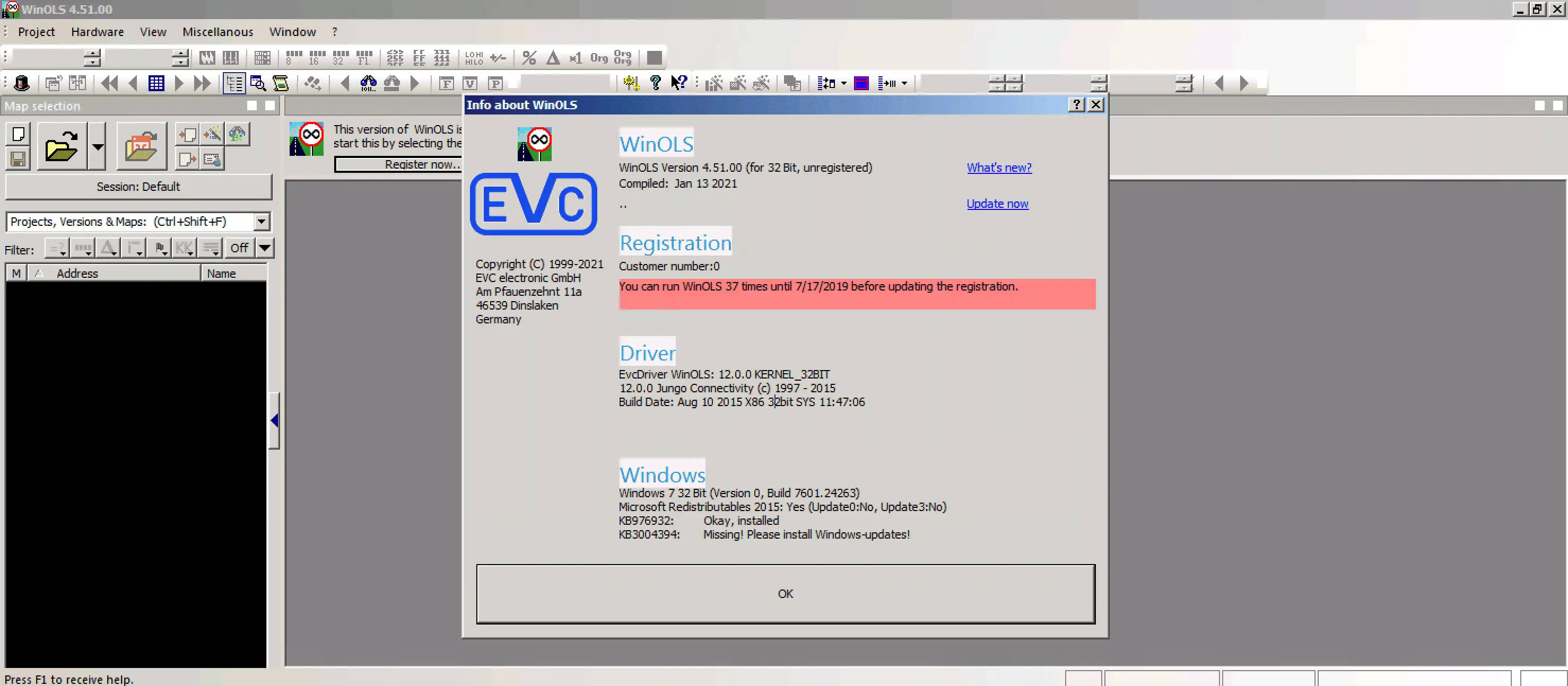 The About window for WinOLS 4.51, compiled in Jan 2021, showing the cracked registration status within a VMWare environment.