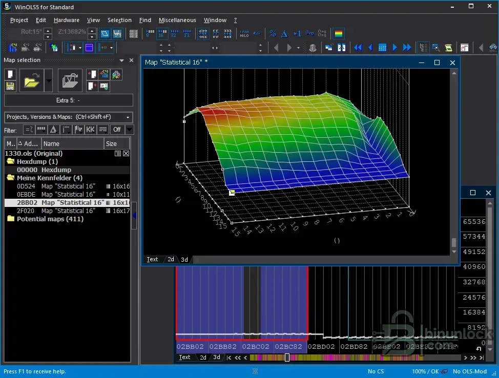 WinOLS calibration editor example showing a 3D ECU map view.