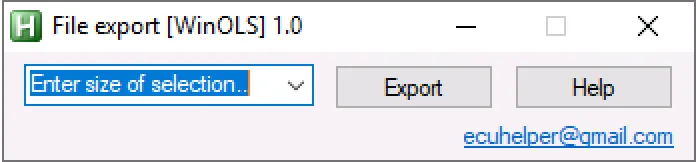WinOLS File Export 1.0 main window with size selector, Export and Help buttons.