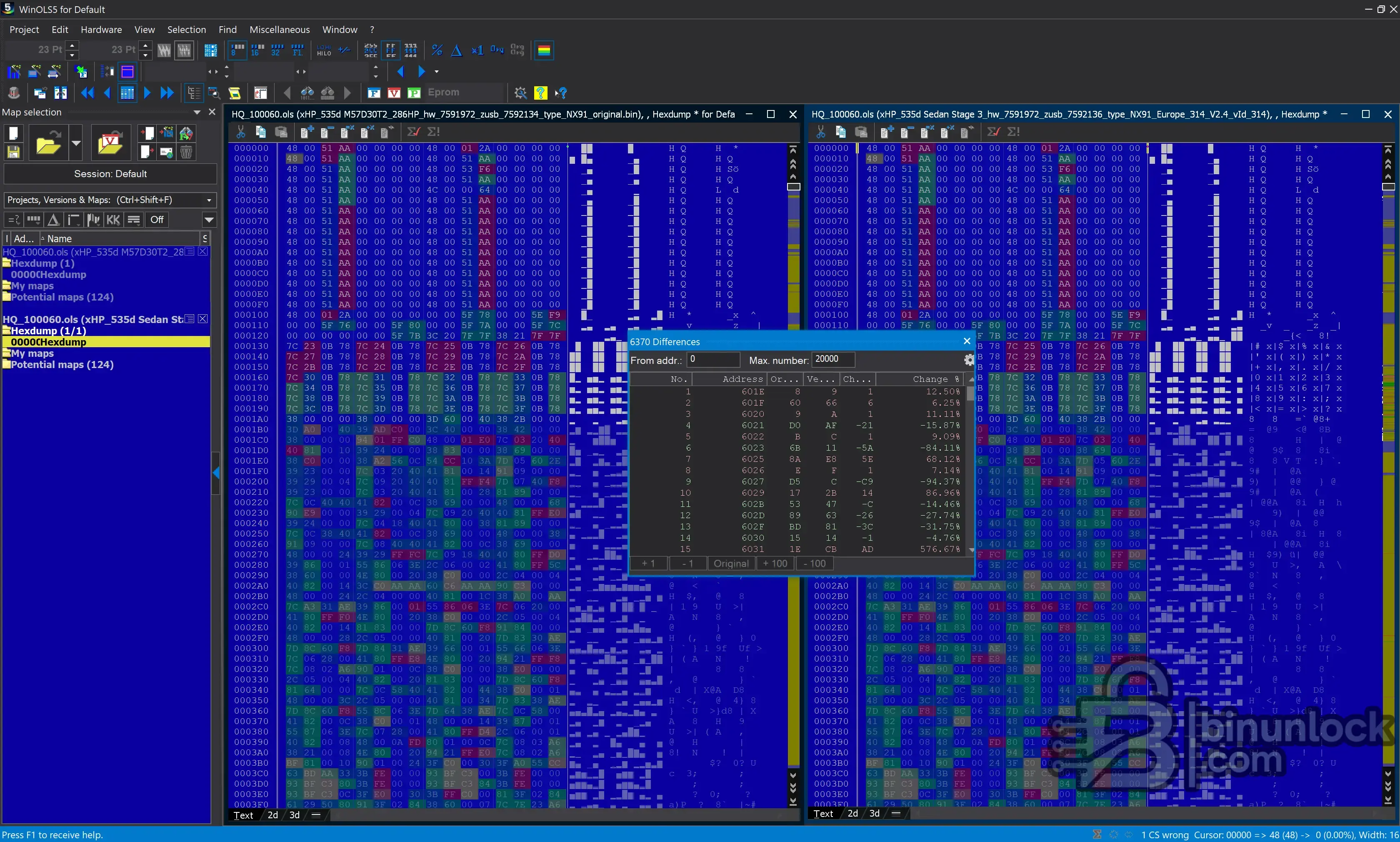 WinOLS hex compare of ZF 6HP28 TCU firmware: OEM original vs xAutomotive xHP Stage 3 on BMW 535d (M57D30T2) showing 6370 differences