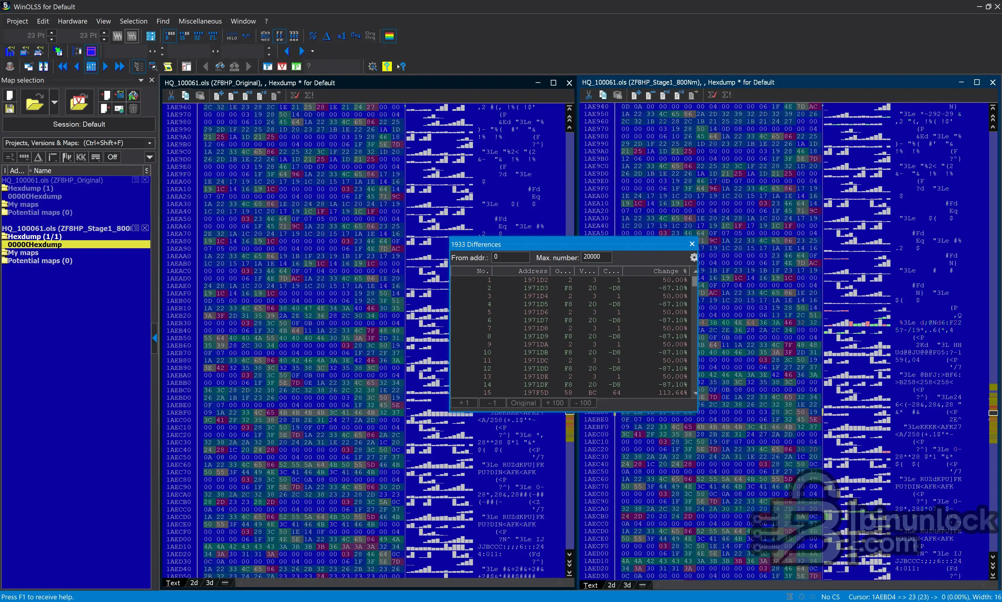 WinOLS binary diff for ZF 8HP70 transmission control unit: stock original vs xAutomotive xHP Stage 1 800Nm file with 1933 changes highlighted in hex view