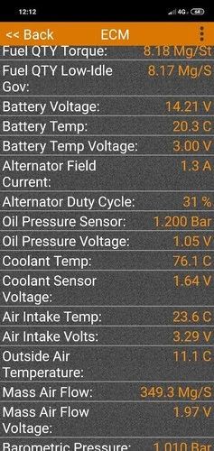 WJdiag Pro ECM live data stream — voltage, temperatures, airflow and sensor values with logging on Jeep WJ 2.7 CRD